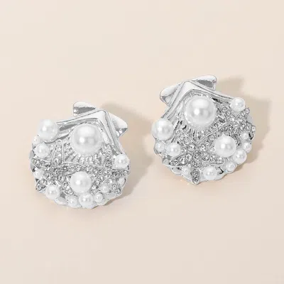 Fashnzfab Pearl Rhinestone Embellished Starfish Seashell Earrings In Metallic