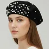 Fashnzfab Pearl Rhinestone Embellished Winter Beret Hat In Black