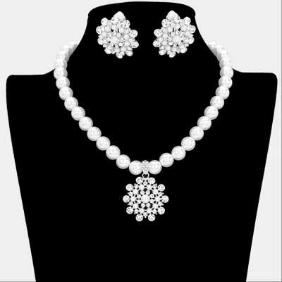 Fashnzfab Pearl Rhinestone Floral Pendant Statement Necklace In Metallic