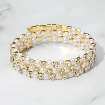 Fashnzfab Pearl Rhinestone Lined Adjustable Coil Evening Bracelet Cream, Gold In Multi
