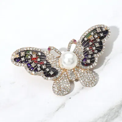 Fashnzfab Pearl Rhinestone Pave Butterfly Pin Brooch In Black