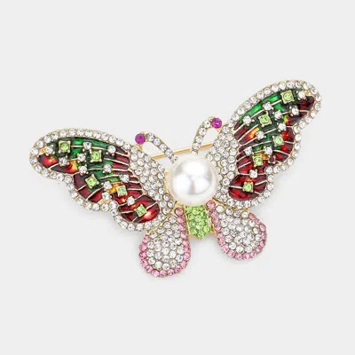 Fashnzfab Pearl Rhinestone Pave Butterfly Pin Brooch In Green