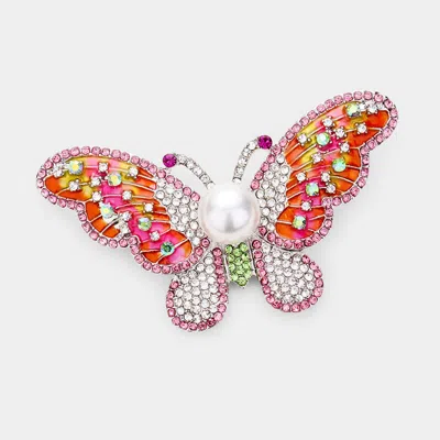 Fashnzfab Pearl Rhinestone Pave Butterfly Pin Brooch In Multi