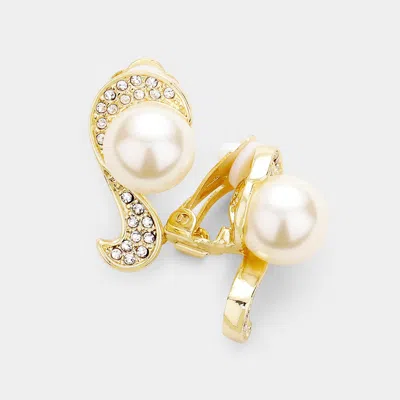Fashnzfab Pearl Rhinestone Pave Clip On Earrings In Silver