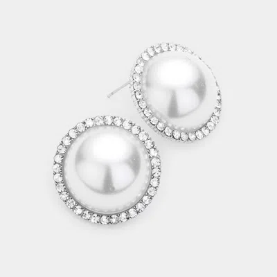 Fashnzfab Pearl Rhinestone Pave Earrings - Clear, Silver, White