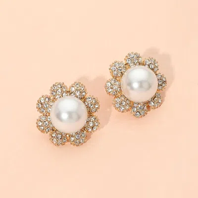 Fashnzfab Pearl Rhinestone Pave Petal Floral Stud Earrings In Gold