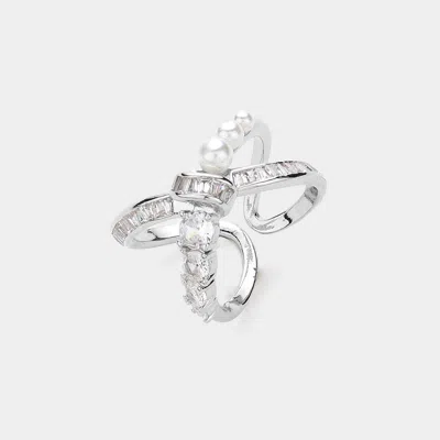Fashnzfab Pearl Rhinestone Paved Crisscross Ring - Rhodium In Silver