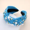 Fashnzfab Pearl Round Stone Embellished Knot Burnout Headband In Blue