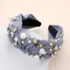 Fashnzfab Pearl Round Stone Embellished Knot Burnout Headband In Gray