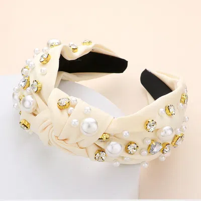 Fashnzfab Pearl Round Stone Embellished Knot Burnout Headband In Multi