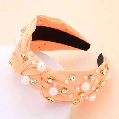 Fashnzfab Pearl Round Stone Embellished Knot Burnout Headband In Orange