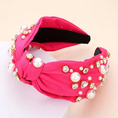 Fashnzfab Pearl Round Stone Embellished Knot Burnout Headband In Pink