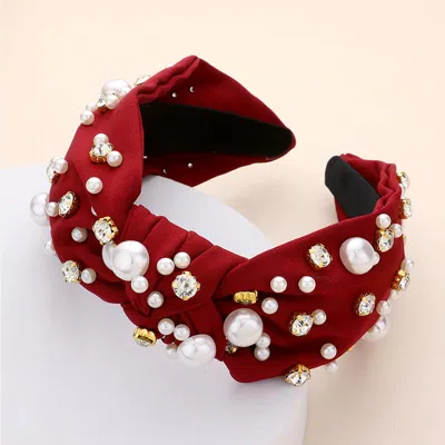 Fashnzfab Pearl Round Stone Embellished Knot Burnout Headband In White
