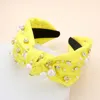 Fashnzfab Pearl Round Stone Embellished Knot Burnout Headband In Yellow