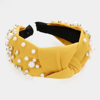Fashnzfab Pearl Round Stone Embellished Knot Burnout Headband In Yellow