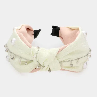 Fashnzfab Pearl Round Stone Metal Star Embellished Knot Burnout Headband In White