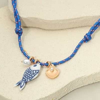 Fashnzfab Pearl Seashell Ceramic Fish Charm Adjustable Cord Necklace - Blue