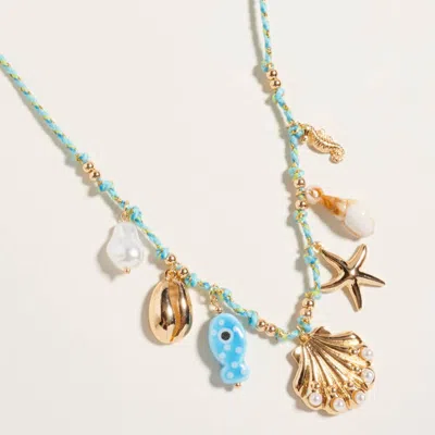 Fashnzfab Pearl Seashell Starfish Seahorse Charm Station Fabric Chain Twisted Necklace In Metallic