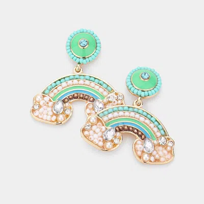 Fashnzfab Pearl Seed Bead Embellished Rainbow Dangle Earrings In Green
