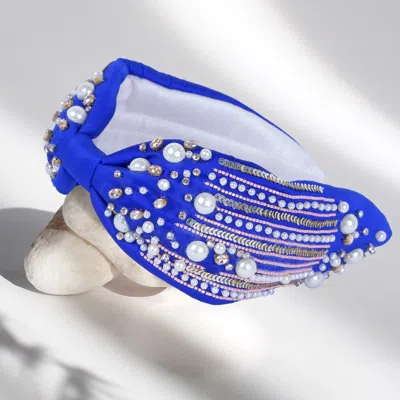 Fashnzfab Pearl Sequin Bead Embellished Headband In Blue