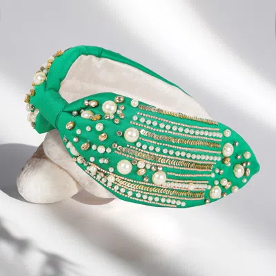 Fashnzfab Pearl Sequin Bead Embellished Headband In Green