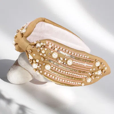 Fashnzfab Pearl Sequin Bead Embellished Headband In Sand