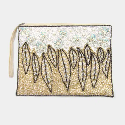 Fashnzfab Pearl Sequin Flower Seed Beaded Leaf Wristlet Clutch Bag In Sand