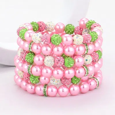 Fashnzfab Pearl Shamballa Ball Beaded Adjustable Strand Bracelet Pink & Green In Multi