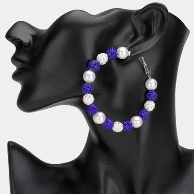 Fashnzfab Pearl Shamballa Ball Beaded Hoop Earrings - Blue
