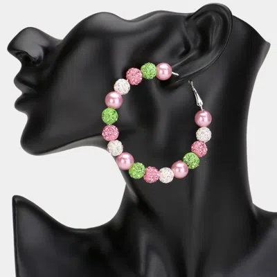 Fashnzfab Pearl Shamballa Ball Beaded Hoop Earrings - Pink & Green In Multi
