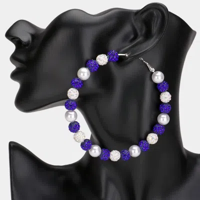 Fashnzfab Pearl Shamballa Ball Beaded Oversized Hoop Earrings In Blue