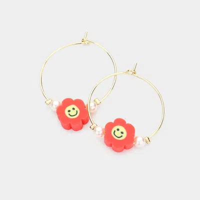 Fashnzfab Pearl Smile Flower Accented Metal Hoop Earrings In Pattern