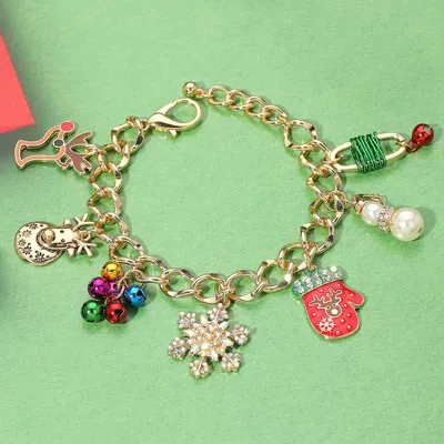 Fashnzfab Pearl Snowman Snowflake Christmas Mitten Rudolph Charm Bracelet Gold, Multi In Red