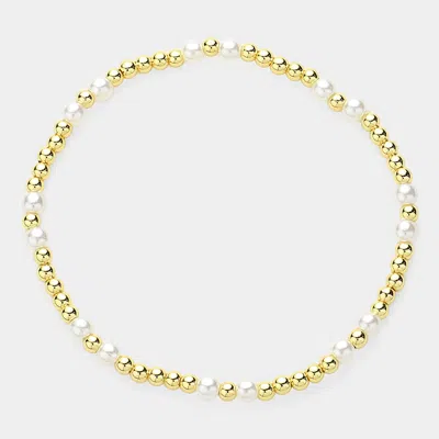 Fashnzfab Pearl Stainless Steel Ball Beaded Stretch Bracelet In Gold