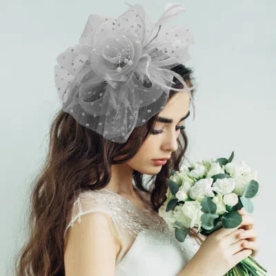 Fashnzfab Pearl Stamen Flower Feather Veil Fascinator / Headband In Silver