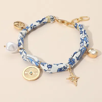 Fashnzfab Pearl Starburst Stone Cluster Medallion Charm Station Fabric Bracelet Blue