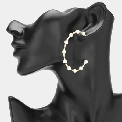 Fashnzfab Pearl Station Hoop Earrings - Gold