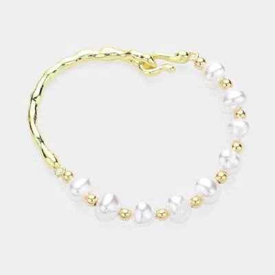 Fashnzfab Pearl Station Pointed Hammered Metal Bracelet Cream, Gold In Multi