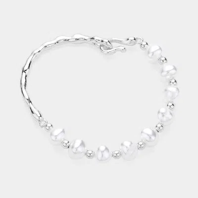 Fashnzfab Pearl Station Pointed Hammered Metal Bracelet Cream, Rhodium In Multi