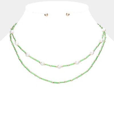 Fashnzfab Pearl Station Tube Beaded Double Layered Necklace In Green