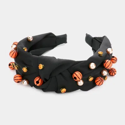 Fashnzfab Pearl Stone Basketball Embellished Knot Burnout Headband In Black