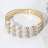Fashnzfab Pearl Stone Bezel Point Rhinestone Paved Split Adjustable Evening Bracelet Clear, Gold In Multi