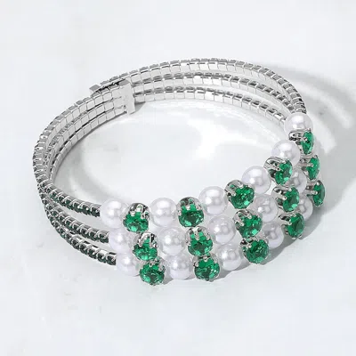 Fashnzfab Pearl Stone Bezel Point Rhinestone Paved Split Adjustable Evening Bracelet Emerald In Gold
