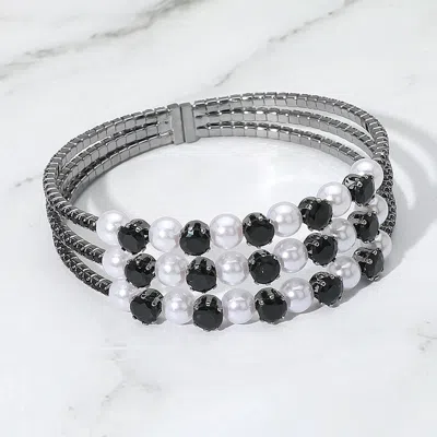 Fashnzfab Pearl Stone Bezel Point Rhinestone Paved Split Adjustable Evening Bracelet Jet Black