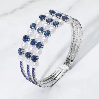 Fashnzfab Pearl Stone Bezel Point Rhinestone Paved Split Adjustable Evening Bracelet Navy In Blue
