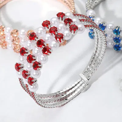 Fashnzfab Pearl Stone Bezel Point Rhinestone Paved Split Adjustable Evening Bracelet Red In Metallic