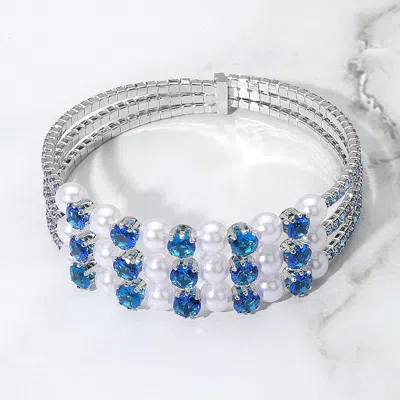 Fashnzfab Pearl Stone Bezel Point Rhinestone Paved Split Adjustable Evening Bracelet Royal Blue