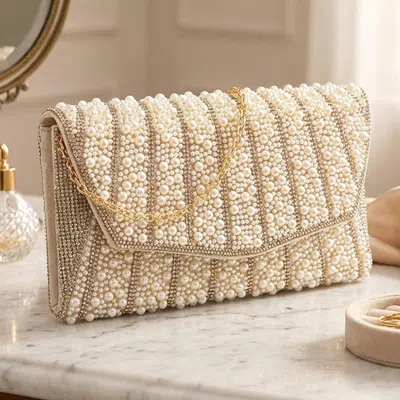 Fashnzfab Pearl Stone Bling Embellished Flap Evening Clutch Bag In Gold