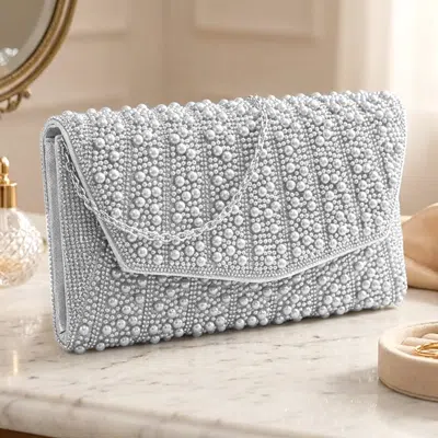Fashnzfab Pearl Stone Bling Embellished Flap Evening Clutch Bag In Silver