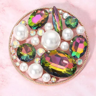 Fashnzfab Pearl Stone Cluster Embellished Chunky Round Pin Brooch In Multi